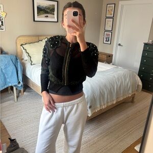 Toga Archives Black Sheer Embroidered Zip Bomber with Gold Accents